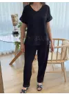 Kadın Kısa Kollu V Yakalı Pul Payetli Viskon Iki Iplik Bluz Ve Pantolon Ikili Takım