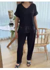 Kadın Kısa Kollu V Yakalı Pul Payetli Viskon Iki Iplik Bluz Ve Pantolon Ikili Takım