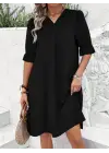 Kadın Kısa Kollu V Yakalı Salaş Janjan Krep Elbise