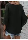 Kadın Kısa Kollu V Yakalı Salaş Viskon Bluz