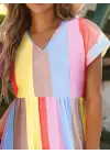 Kadın Kısa Kollu V Yakalı şerit Desenli Süprem Elbise