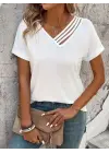 Kadın Kısa Kollu V Yakalı şerit Detaylı Viskon Bluz