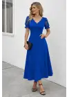 Kadın Kısa Kollu V Yakalı Uzun Janjan Elbise