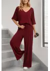 Kadın Kısa Kollu V Yakalı Viskon Bluz Ve Pantolon Ikili Takım
