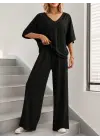 Kadın Kısa Kollu V Yakalı Viskon Bluz Ve Pantolon Ikili Takım