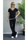 Kadın Kısa Kollu V Yakalı Viskon Iki Iplik Bluz Ve Pantolon Ikili Takım