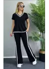 Kadın Kısa Kollu V Yakalı Viskon Iki Iplik Bluz Ve Pantolon Ikili Takım