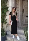Kadın Kısa Kollu V Yakalı Yandan şerit Ve Yırtmaçlı Viskon Uzun Elbise