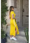 Kadın Kısa Kollu V Yakalı Yandan şerit Ve Yırtmaçlı Viskon Uzun Elbise