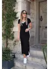 Kadın Kısa Kollu V Yakalı Yandan şerit Ve Yırtmaçlı Viskon Uzun Elbise