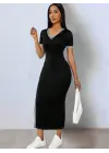 Kadın Kısa Kollu V Yakalı Yandan Yırtmaçlı Viskon Iki Iplik Elbise