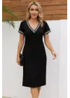 Kadın Kısa Kollu V Yakalı Yanlardan Yırtmaç Ve Düğmeli Viskon Iki Iplik Elbise