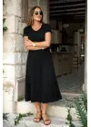 Kadın Kısa Kollu V Yakalı Yırtmaçlı Midi Viskon Elbise