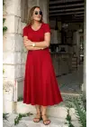 Kadın Kısa Kollu V Yakalı Yırtmaçlı Midi Viskon Elbise
