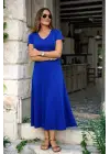 Kadın Kısa Kollu V Yakalı Yırtmaçlı Midi Viskon Elbise