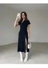 Kadın Kısa Kollu Yakadan Ve Etekten Fermuarlı Midi Viskon Iki Iplik Elbise