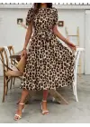 Kadın Kısa Kollu Yakalı Belden Kuşaklı Leopar Desenli Midi Süprem Elbise