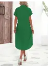 Kadın Kısa Kollu Yakalı Düğme Detay Midi Dokuma Elbise