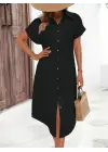 Kadın Kısa Kollu Yakalı Düğme Detay Midi Dokuma Elbise