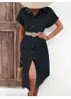 Kadın Kısa Kollu Yakalı Düğme Detay Midi Dokuma Elbise