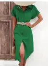 Kadın Kısa Kollu Yakalı Düğme Detay Midi Dokuma Elbise