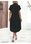 Kadın Kısa Kollu Yakalı Düğme Detay Midi Dokuma Elbise