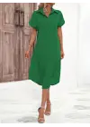 Kadın Kısa Kollu Yakalı Düğme Detay Midi Dokuma Elbise