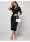 Kadın Kısa Kollu Yakalı Kruvaze Yakalı Beli Kemerli Midi Modal Elbise