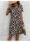 Omarı Leopar Desenli Kadın Kısa Kollu Elbise