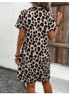 Omarı Leopar Desenli Kadın Kısa Kollu Elbise