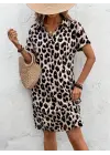 Omarı Leopar Desenli Kadın Kısa Kollu Elbise
