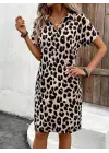 Omarı Leopar Desenli Kadın Kısa Kollu Elbise