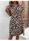 Omarı Leopar Desenli Kadın Kısa Kollu Elbise