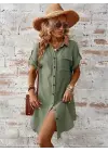 Kadın Kısa Kollu Yakalı önden Düğmeli Bürümcük Kısa Elbise