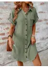 Kadın Kısa Kollu Yakalı önden Düğmeli Bürümcük Kısa Elbise