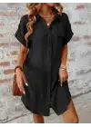 Kadın Kısa Kollu Yakalı önden Düğmeli Bürümcük Kısa Elbise