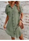 Kadın Kısa Kollu Yakalı önden Düğmeli Bürümcük Kısa Elbise