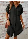 Kadın Kısa Kollu Yakalı önden Düğmeli Bürümcük Kısa Elbise