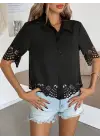 Kadın Kısa Kollu Yakalı önden Düğmeli Dubai Gömlek Bluz