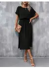Kadın Kısa Kollu Yakası Açık Belden Bağlamalı Yırtmaçlı Viskon Elbise