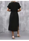 Kadın Kısa Kollu Yakası Açık Belden Bağlamalı Yırtmaçlı Viskon Elbise