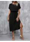 Kadın Kısa Kollu Yakası Açık Belden Bağlamalı Yırtmaçlı Viskon Elbise