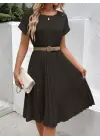 Kadın Kısa Kollu Yakası Açık Belden Lastikli Pileli Kısa Ithal Krep Elbise