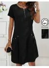 Omarı Fermuar Detaylı Kadın Kısa Kollu İthal Keten Elbise