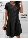 Omarı Fermuar Detaylı Kadın Kısa Kollu İthal Keten Elbise