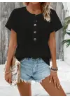 Kadın Kısa Kollu Yakası Açık önden Düğmeli Waffle Bluz