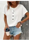 Kadın Kısa Kollu Yakası Açık önden Düğmeli Waffle Bluz