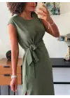 Kadın Kısa Kollu Yuvarlak Yaka Belden Bağcıklı önden Yırtmaçlı Aerobin Elbise