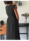 Omarı Şık Kadın Elbise - Yuvarlak Yaka, Belden Bağcık, Yırtmaçlı