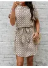 Omarı Geometrik Desenli Kısa Kollu Elbise